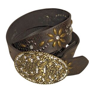 Nocona Mocha Crackle Leather Flower Crystal Studs Buckle & Belt Size Large